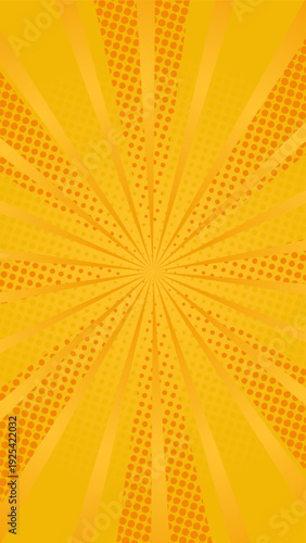 Radial yellow halftone pop art vertical background with bold lines. Suitable for comics, presentations, posters, etc.