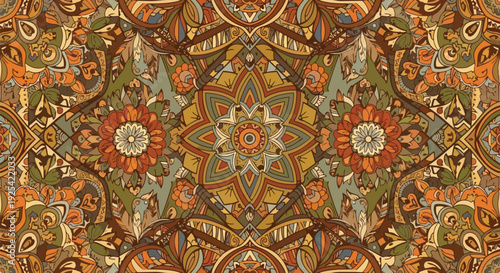 Richly detailed seamless bohemian pattern featuring warm earthy tones and intricate floral mandala elements. Ideal for textile designs, backgrounds,