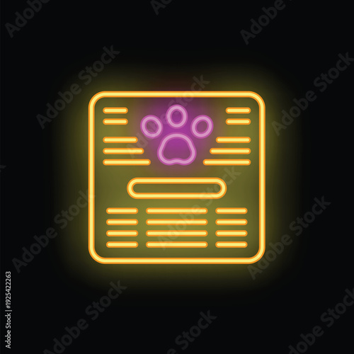 Glowing neon icon of pet passport with paw print for veterinary clinic or pet shop