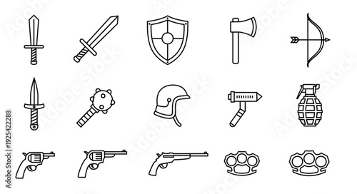 Collection of hand drawn weapon icons and symbols.