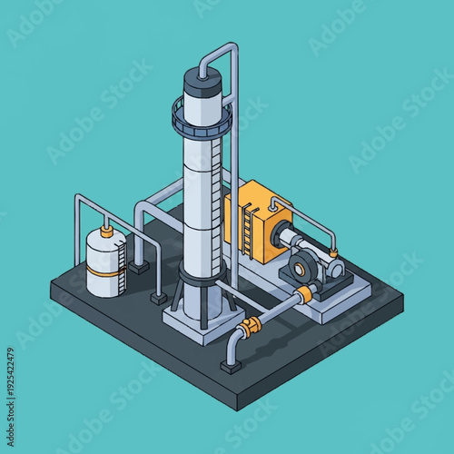 Isometric Industrial Equipment with Tower and Pipes.
