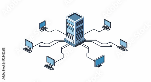 Centralized computer network server with multiple connected workstations and cables, representing IT infrastructure and data connection