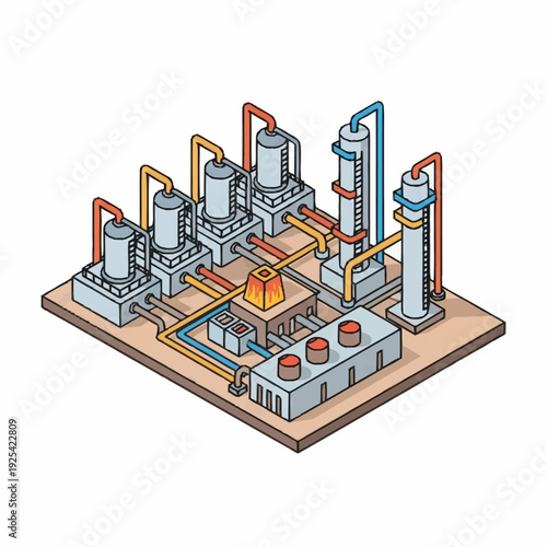 Industrial Factory Complex with Pipes and Tanks.