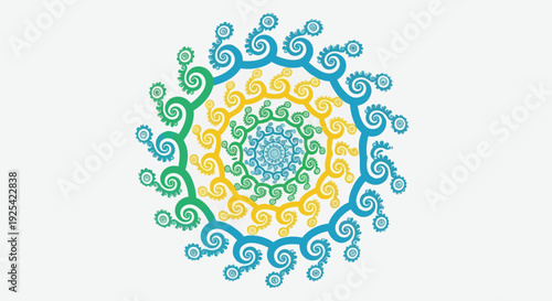 Vibrant abstract artwork with intricate radial spiral pattern displaying fluid organic tendrils in refreshing blue green and sunny yellow hues on a