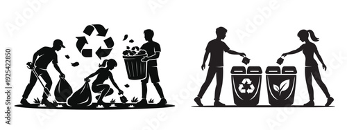 Vector Silhouette of People Collecting Trash, Environmental Cleaning Activity with Dustbins, Eco Awareness Illustration for Sustainability