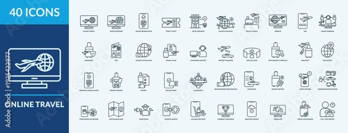 Online Travel - Icon Collection. Thin Outline Set contains such Icons as hotel booking, holiday package, travel agency and more. Simple web icons set