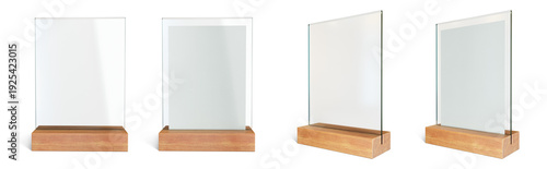 Transparent acrylic sign holder set on wooden base isolated on transparent background. 3D render.