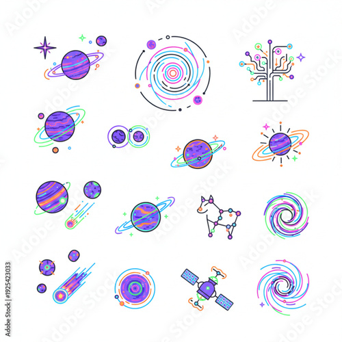 Colorful cosmic and technology vector line icons set, featuring planets, galaxies, and futuristic elements, ideal for digital product interfaces, apps, and astronomical designs