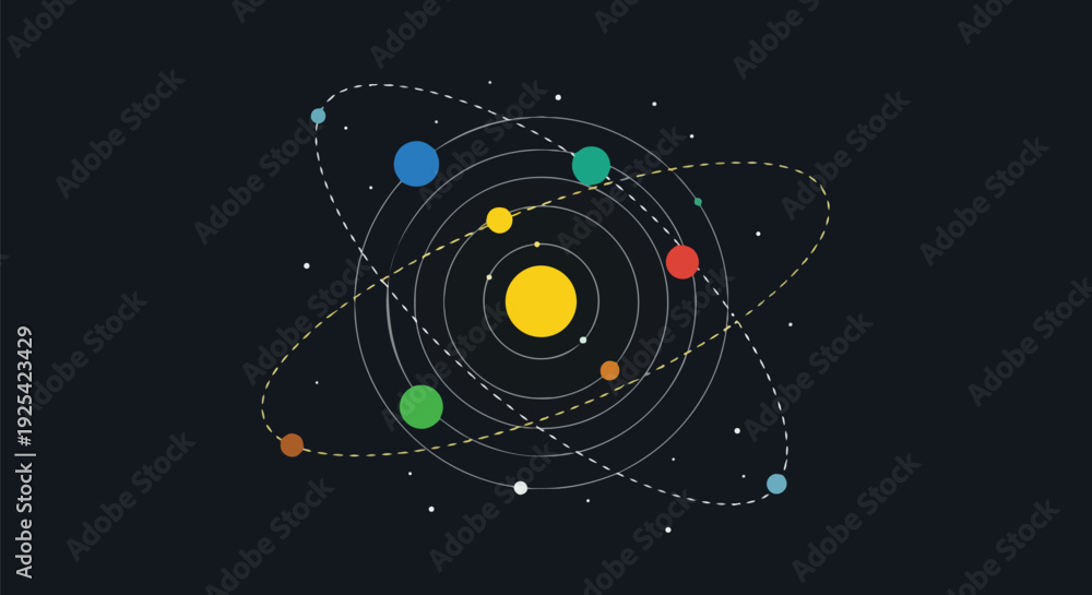 Fototapeta premium A sophisticated abstract illustration portraying an intricate celestial mechanism, showcasing diverse vibrant planets orbiting a central luminous