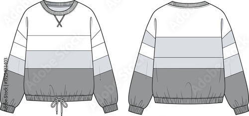 Color blocked sweatshirt illustration, front and back view, ribbed neckline cuffs, drawstring hem detail, technical fashion sketch, garment construction design