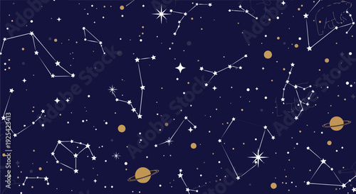 Vast celestial canvas showcasing an array of intricate star formations and cosmic bodies against a deep indigo backdrop perfect for universal themes