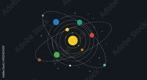A sophisticated abstract illustration portraying an intricate celestial mechanism, showcasing diverse vibrant planets orbiting a central luminous