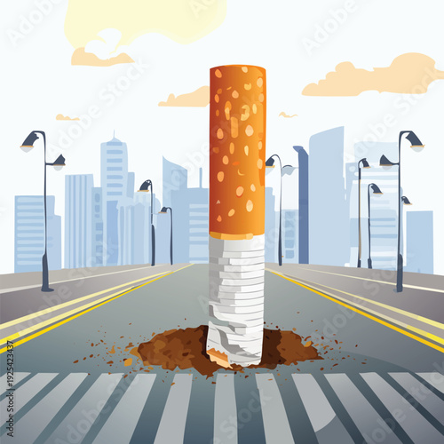 Cigarette butt illustration on road with city background
