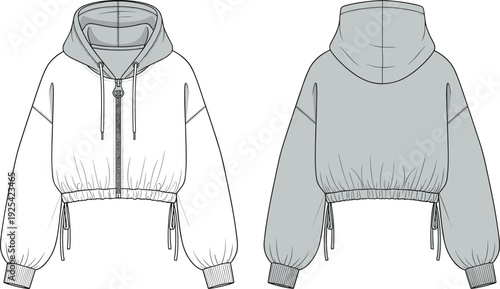 Cropped hooded jacket illustration, front and back view, zipper closure, ribbed cuffs hem, drawstring hood detail, technical fashion garment sketch