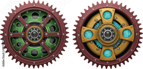 Set of 2 Steampunk Gear Illustrations with Intricate Details for Industrial, Mechanic, and Vintage Design Themes