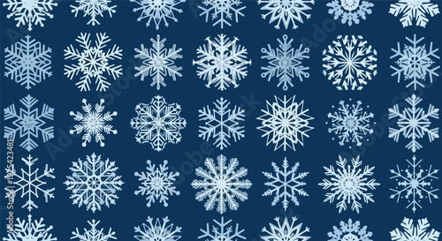A captivating winter wonderland illustration showcasing an intricate array of unique frosty snowflake designs against a deep midnight blue winter