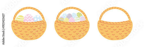 Basket with Easter eggs, empty, isolated illustration set. Holiday clip art collection. Hand drawn flat vector design element. Seasonal card, banner, poster