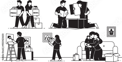 Couple moving into new home unpacking and decorating together boxes books