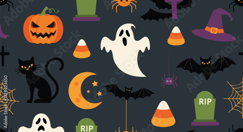 A charmingly spooky halloween night scene pattern featuring playful ghosts jack-o-lanterns black cats and bats with candy corn celebrating the