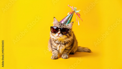 Wallpaper Mural Cool cat wearing sunglasses and party hat on a vibrant yellow background Torontodigital.ca