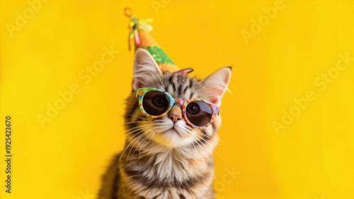 Wallpaper Mural Cute kitten wearing sunglasses and party hat on a bright yellow background, ready for celebration Torontodigital.ca