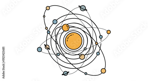 Artistic representation of atomic structure or a miniature solar system with orbiting elements.