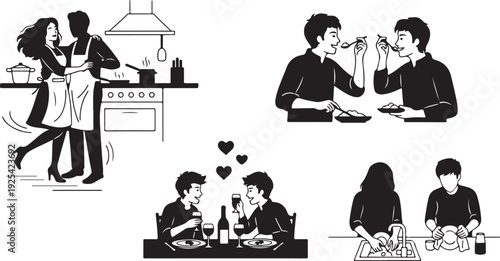 Couples Cooking and Dining Together in Various Scenes dancing kitchen stove