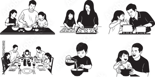 Family Cooking and Eating Together in Black and White kitchen dining