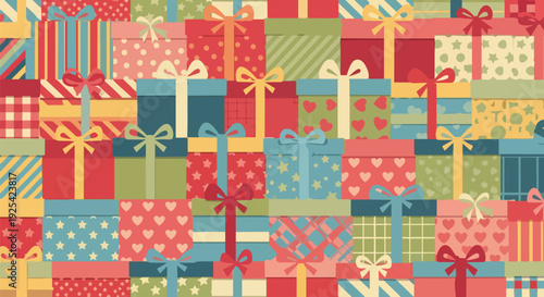 Vibrant seamless pattern of festive gift boxes with colorful bows and playful designs, creating a joyous background for any celebration or special