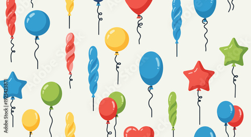 Joyful assortment of colorful party balloons in various shapes and sizes creating a vibrant and festive background pattern suitable for celebrations