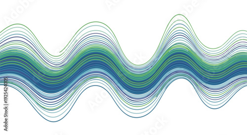 Dynamic horizontal wave patterns in blue and green hues on a clean white background an abstract artistic rendition of fluid motion