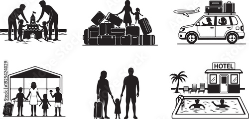 Family Traveling with Luggage and Car for Vacation at Hotel with Pool suitcases