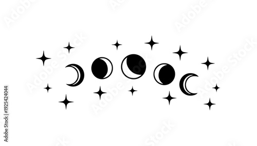 Moon phases illustration with stars in simple black design