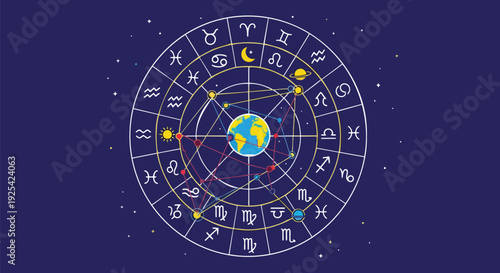Cosmic astrological chart with zodiac signs celestial bodies and Earth symbolizing destiny