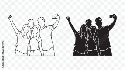 Happy people and friendship icon set. Includes selfie, group, celebration, and social media symbols. Created in line art and solid styles with black and white colors isolated on Transparent