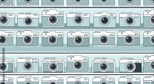 A seamless retro photographic equipment pattern featuring vintage camera illustrations in a cool monochromatic palette for design projects and