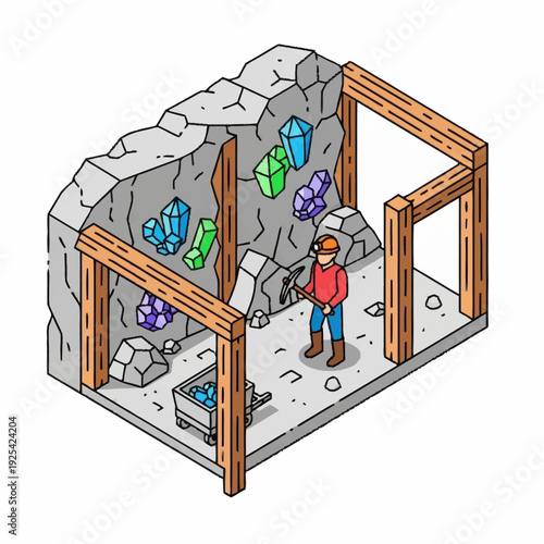 Miner Examining Gemstones in Underground Mine.