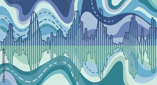 Dynamic abstract soundwave visualization with fluid organic forms and subtle dashed lines