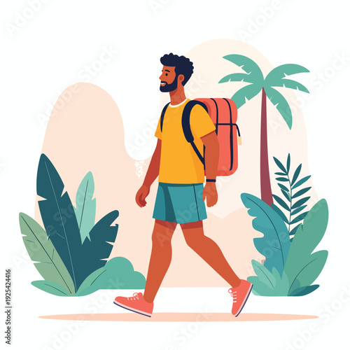 Man walking with backpack through tropical landscape with palm trees and lush foliage