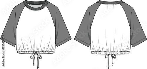Cropped drawstring top illustration, short-sleeved raglan design, round neckline, casual fashion garment, sporty apparel artwork, technical clothing drawing, fashion design graphic