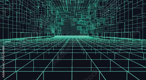 Immersive digital grid network abstract background with glowing teal lines creating a futuristic data tunnel experience in a virtual reality space