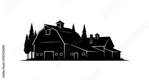 Vector silhouette of a rural house with trees