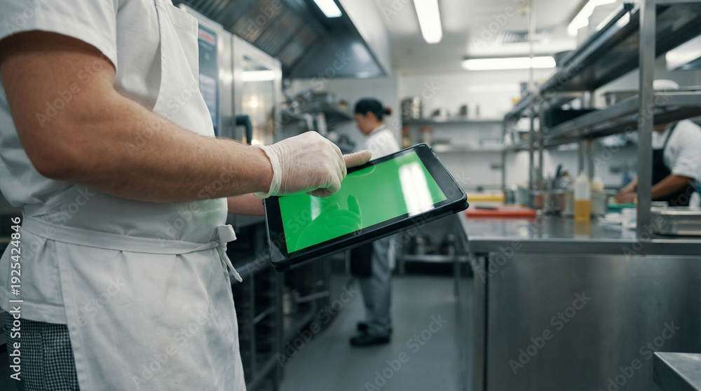 Fototapeta premium Professional chef holding digital tablet with green screen in commercial kitchen