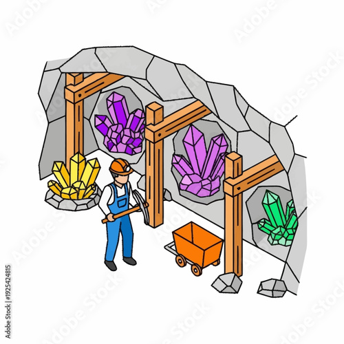 Miner Examining Crystals in Underground Mine.