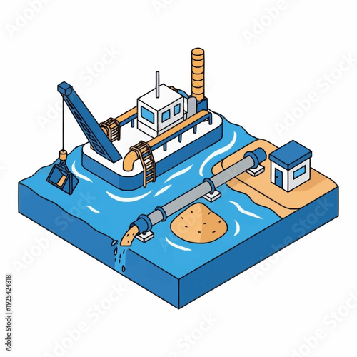 Isometric Illustration of Dredging Ship in Water.