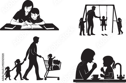 Silhouettes of parents and children engaging in various activities together black