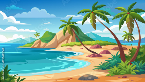A peaceful tropical island shore with smooth sandy ground and distant natural landforms open ocean horizon creates calm and balanced scenery clean minimal vector illustration flat design