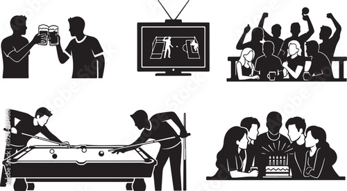 Silhouettes of people celebrating with drinks, watching sports, playing pool, and enjoying a