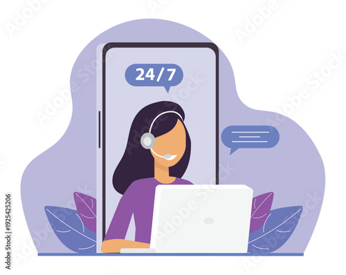 Call center, help desk, operator in headset communicates via smartphone, online digital communication