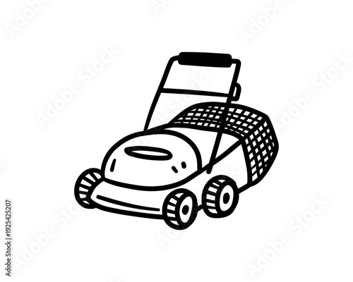 Hand drawn lawn mower black outline gardening equipment illustration isolated on white background backyard spring maintenance tool. Vector illustration